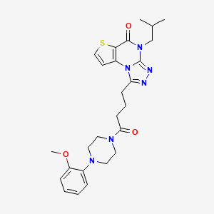 molecular formula C26H32N6O3S B6514798 12-{4-[4-(2-methoxyphenyl)piperazin-1-yl]-4-oxobutyl}-8-(2-methylpropyl)-5-thia-1,8,10,11-tetraazatricyclo[7.3.0.0^{2,6}]dodeca-2(6),3,9,11-tetraen-7-one CAS No. 892274-04-3