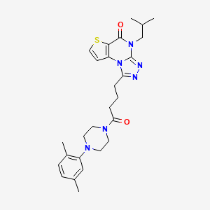 molecular formula C27H34N6O2S B6514814 12-{4-[4-(2,5-dimethylphenyl)piperazin-1-yl]-4-oxobutyl}-8-(2-methylpropyl)-5-thia-1,8,10,11-tetraazatricyclo[7.3.0.0^{2,6}]dodeca-2(6),3,9,11-tetraen-7-one CAS No. 892274-61-2