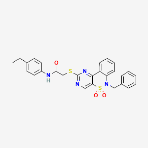 2-({9-benzyl-8,8-dioxo-8lambda6-thia-3,5,9-triazatricyclo[8.4.0.0^{2,7}]tetradeca-1(14),2(7),3,5,10,12-hexaen-4-yl}sulfanyl)-N-(4-ethylphenyl)acetamide
