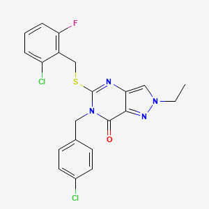 molecular formula C21H17Cl2FN4OS B6514905 5-{[(2-chloro-6-fluorophenyl)methyl]sulfanyl}-6-[(4-chlorophenyl)methyl]-2-ethyl-2H,6H,7H-pyrazolo[4,3-d]pyrimidin-7-one CAS No. 892301-19-8
