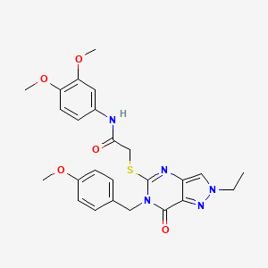 molecular formula C25H27N5O5S B6514918 N-(3,4-dimethoxyphenyl)-2-({2-ethyl-6-[(4-methoxyphenyl)methyl]-7-oxo-2H,6H,7H-pyrazolo[4,3-d]pyrimidin-5-yl}sulfanyl)acetamide CAS No. 931937-51-8