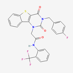 2-{5-[(4-fluorophenyl)methyl]-4,6-dioxo-8-thia-3,5-diazatricyclo[7.4.0.0^{2,7}]trideca-1(9),2(7),10,12-tetraen-3-yl}-N-[2-(trifluoromethyl)phenyl]acetamide