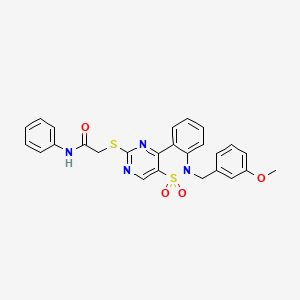 2-({9-[(3-methoxyphenyl)methyl]-8,8-dioxo-8lambda6-thia-3,5,9-triazatricyclo[8.4.0.0^{2,7}]tetradeca-1(14),2(7),3,5,10,12-hexaen-4-yl}sulfanyl)-N-phenylacetamide