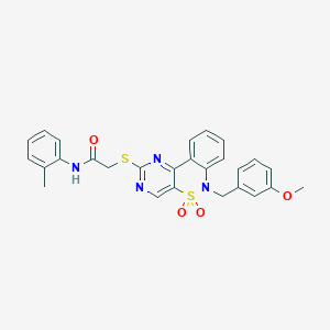 molecular formula C27H24N4O4S2 B6515002 2-({9-[(3-methoxyphenyl)methyl]-8,8-dioxo-8lambda6-thia-3,5,9-triazatricyclo[8.4.0.0^{2,7}]tetradeca-1(14),2(7),3,5,10,12-hexaen-4-yl}sulfanyl)-N-(2-methylphenyl)acetamide CAS No. 892312-30-0