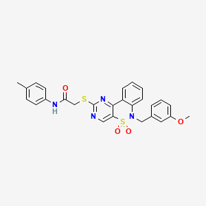 molecular formula C27H24N4O4S2 B6515007 2-({9-[(3-methoxyphenyl)methyl]-8,8-dioxo-8lambda6-thia-3,5,9-triazatricyclo[8.4.0.0^{2,7}]tetradeca-1(14),2(7),3,5,10,12-hexaen-4-yl}sulfanyl)-N-(4-methylphenyl)acetamide CAS No. 892312-44-6