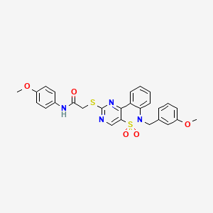 molecular formula C27H24N4O5S2 B6515013 N-(4-methoxyphenyl)-2-({9-[(3-methoxyphenyl)methyl]-8,8-dioxo-8lambda6-thia-3,5,9-triazatricyclo[8.4.0.0^{2,7}]tetradeca-1(14),2(7),3,5,10,12-hexaen-4-yl}sulfanyl)acetamide CAS No. 892312-65-1