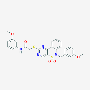 molecular formula C27H24N4O5S2 B6515018 N-(3-methoxyphenyl)-2-({9-[(3-methoxyphenyl)methyl]-8,8-dioxo-8lambda6-thia-3,5,9-triazatricyclo[8.4.0.0^{2,7}]tetradeca-1(14),2(7),3,5,10,12-hexaen-4-yl}sulfanyl)acetamide CAS No. 892312-58-2