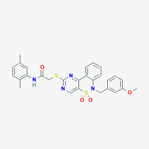 molecular formula C28H26N4O4S2 B6515037 N-(2,5-dimethylphenyl)-2-({9-[(3-methoxyphenyl)methyl]-8,8-dioxo-8lambda6-thia-3,5,9-triazatricyclo[8.4.0.0^{2,7}]tetradeca-1(14),2(7),3,5,10,12-hexaen-4-yl}sulfanyl)acetamide CAS No. 892313-14-3