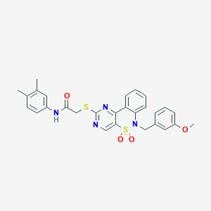 molecular formula C28H26N4O4S2 B6515039 N-(3,4-dimethylphenyl)-2-({9-[(3-methoxyphenyl)methyl]-8,8-dioxo-8lambda6-thia-3,5,9-triazatricyclo[8.4.0.0^{2,7}]tetradeca-1(14),2(7),3,5,10,12-hexaen-4-yl}sulfanyl)acetamide CAS No. 892313-07-4