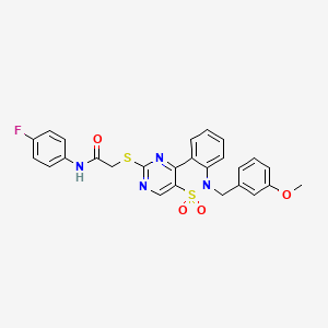 molecular formula C26H21FN4O4S2 B6515057 N-(4-fluorophenyl)-2-({9-[(3-methoxyphenyl)methyl]-8,8-dioxo-8lambda6-thia-3,5,9-triazatricyclo[8.4.0.0^{2,7}]tetradeca-1(14),2(7),3,5,10,12-hexaen-4-yl}sulfanyl)acetamide CAS No. 899548-07-3