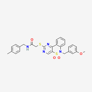 molecular formula C28H26N4O4S2 B6515127 2-({9-[(3-methoxyphenyl)methyl]-8,8-dioxo-8lambda6-thia-3,5,9-triazatricyclo[8.4.0.0^{2,7}]tetradeca-1(14),2(7),3,5,10,12-hexaen-4-yl}sulfanyl)-N-[(4-methylphenyl)methyl]acetamide CAS No. 931937-91-6