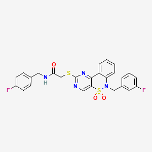 molecular formula C26H20F2N4O3S2 B6515252 N-[(4-fluorophenyl)methyl]-2-({9-[(3-fluorophenyl)methyl]-8,8-dioxo-8lambda6-thia-3,5,9-triazatricyclo[8.4.0.0^{2,7}]tetradeca-1(14),2(7),3,5,10,12-hexaen-4-yl}sulfanyl)acetamide CAS No. 931743-99-6