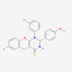 molecular formula C24H18F2N2O2S B6515829 7-fluoro-1-(3-fluorophenyl)-2-(4-methoxyphenyl)-1H,2H,3H,4H,5H-chromeno[2,3-d]pyrimidine-4-thione CAS No. 912781-68-1