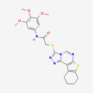 2-{10-thia-3,4,6,8-tetraazatetracyclo[7.7.0.0^{2,6}.0^{11,16}]hexadeca-1(9),2,4,7,11(16)-pentaen-5-ylsulfanyl}-N-(3,4,5-trimethoxyphenyl)acetamide