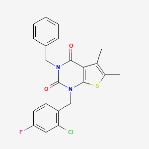 molecular formula C22H18ClFN2O2S B6516233 3-benzyl-1-[(2-chloro-4-fluorophenyl)methyl]-5,6-dimethyl-1H,2H,3H,4H-thieno[2,3-d]pyrimidine-2,4-dione CAS No. 689756-22-7