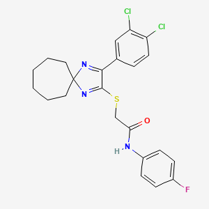 molecular formula C23H22Cl2FN3OS B6516594 2-{[3-(3,4-dichlorophenyl)-1,4-diazaspiro[4.6]undeca-1,3-dien-2-yl]sulfanyl}-N-(4-fluorophenyl)acetamide CAS No. 899913-24-7