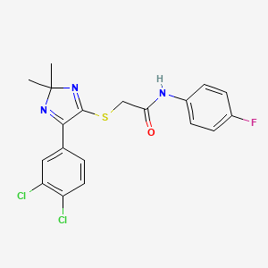 molecular formula C19H16Cl2FN3OS B6516660 2-{[5-(3,4-dichlorophenyl)-2,2-dimethyl-2H-imidazol-4-yl]sulfanyl}-N-(4-fluorophenyl)acetamide CAS No. 899913-85-0