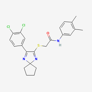 molecular formula C23H23Cl2N3OS B6516718 2-{[3-(3,4-dichlorophenyl)-1,4-diazaspiro[4.4]nona-1,3-dien-2-yl]sulfanyl}-N-(3,4-dimethylphenyl)acetamide CAS No. 899914-33-1