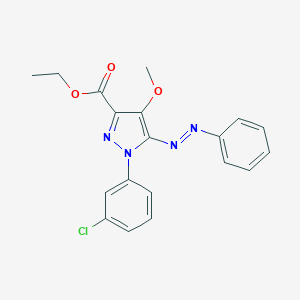 molecular formula C19H17ClN4O3 B065168 Ethyl 1-(3-chlorophenyl)-4-methoxy-5-(phenylazo)-1H-pyrazole-3-carboxylate CAS No. 172701-50-7