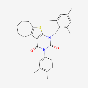 molecular formula C29H32N2O2S B6517162 4-(3,4-dimethylphenyl)-6-[(2,4,6-trimethylphenyl)methyl]-8-thia-4,6-diazatricyclo[7.5.0.0^{2,7}]tetradeca-1(9),2(7)-diene-3,5-dione CAS No. 899940-22-8