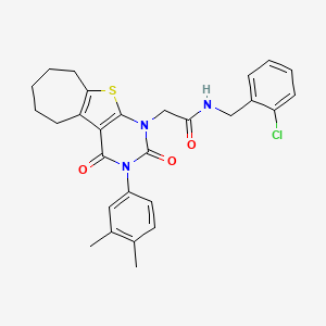 molecular formula C28H28ClN3O3S B6517167 N-[(2-chlorophenyl)methyl]-2-[4-(3,4-dimethylphenyl)-3,5-dioxo-8-thia-4,6-diazatricyclo[7.5.0.0^{2,7}]tetradeca-1(9),2(7)-dien-6-yl]acetamide CAS No. 899940-06-8