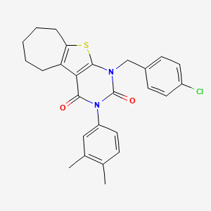 6-[(4-chlorophenyl)methyl]-4-(3,4-dimethylphenyl)-8-thia-4,6-diazatricyclo[7.5.0.0^{2,7}]tetradeca-1(9),2(7)-diene-3,5-dione