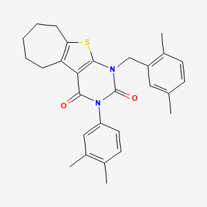 molecular formula C28H30N2O2S B6517185 4-(3,4-dimethylphenyl)-6-[(2,5-dimethylphenyl)methyl]-8-thia-4,6-diazatricyclo[7.5.0.0^{2,7}]tetradeca-1(9),2(7)-diene-3,5-dione CAS No. 899782-77-5