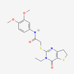 molecular formula C18H21N3O4S2 B6517665 N-(3,4-dimethoxyphenyl)-2-({3-ethyl-4-oxo-3H,4H,6H,7H-thieno[3,2-d]pyrimidin-2-yl}sulfanyl)acetamide CAS No. 869076-52-8