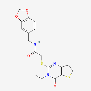 molecular formula C18H19N3O4S2 B6517682 N-[(2H-1,3-benzodioxol-5-yl)methyl]-2-({3-ethyl-4-oxo-3H,4H,6H,7H-thieno[3,2-d]pyrimidin-2-yl}sulfanyl)acetamide CAS No. 869076-68-6