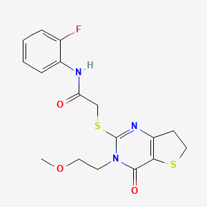 molecular formula C17H18FN3O3S2 B6517715 N-(2-fluorophenyl)-2-{[3-(2-methoxyethyl)-4-oxo-3H,4H,6H,7H-thieno[3,2-d]pyrimidin-2-yl]sulfanyl}acetamide CAS No. 893372-00-4