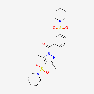 molecular formula C22H30N4O5S2 B6518988 1-({3,5-dimethyl-1-[3-(piperidine-1-sulfonyl)benzoyl]-1H-pyrazol-4-yl}sulfonyl)piperidine CAS No. 1015896-15-7