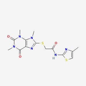 molecular formula C14H16N6O3S2 B6519537 N-(4-methyl-1,3-thiazol-2-yl)-2-[(1,3,9-trimethyl-2,6-dioxo-2,3,6,9-tetrahydro-1H-purin-8-yl)sulfanyl]acetamide CAS No. 896363-59-0