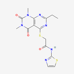 molecular formula C15H16N6O3S2 B6519616 2-({2-ethyl-6,8-dimethyl-5,7-dioxo-5H,6H,7H,8H-[1,3]diazino[4,5-d]pyrimidin-4-yl}sulfanyl)-N-(1,3-thiazol-2-yl)acetamide CAS No. 852170-23-1