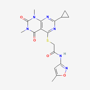 molecular formula C17H18N6O4S B6519635 2-({2-cyclopropyl-6,8-dimethyl-5,7-dioxo-5H,6H,7H,8H-[1,3]diazino[4,5-d]pyrimidin-4-yl}sulfanyl)-N-(5-methyl-1,2-oxazol-3-yl)acetamide CAS No. 863003-18-3