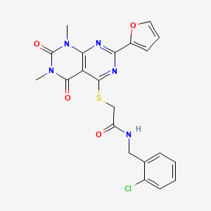 molecular formula C21H18ClN5O4S B6519657 N-[(2-chlorophenyl)methyl]-2-{[2-(furan-2-yl)-6,8-dimethyl-5,7-dioxo-5H,6H,7H,8H-[1,3]diazino[4,5-d]pyrimidin-4-yl]sulfanyl}acetamide CAS No. 863003-68-3
