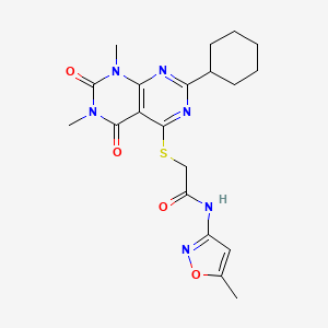 molecular formula C20H24N6O4S B6519675 2-({2-cyclohexyl-6,8-dimethyl-5,7-dioxo-5H,6H,7H,8H-[1,3]diazino[4,5-d]pyrimidin-4-yl}sulfanyl)-N-(5-methyl-1,2-oxazol-3-yl)acetamide CAS No. 872621-52-8
