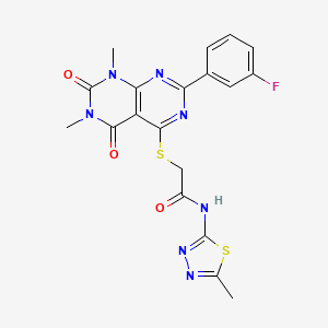 molecular formula C19H16FN7O3S2 B6519708 2-{[2-(3-fluorophenyl)-6,8-dimethyl-5,7-dioxo-5H,6H,7H,8H-[1,3]diazino[4,5-d]pyrimidin-4-yl]sulfanyl}-N-(5-methyl-1,3,4-thiadiazol-2-yl)acetamide CAS No. 872854-53-0