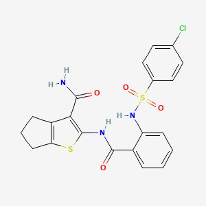 molecular formula C21H18ClN3O4S2 B6519774 2-[2-(4-chlorobenzenesulfonamido)benzamido]-4H,5H,6H-cyclopenta[b]thiophene-3-carboxamide CAS No. 886906-84-9