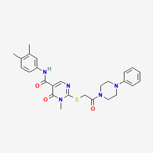 molecular formula C26H29N5O3S B6521193 N-(3,4-dimethylphenyl)-1-methyl-6-oxo-2-{[2-oxo-2-(4-phenylpiperazin-1-yl)ethyl]sulfanyl}-1,6-dihydropyrimidine-5-carboxamide CAS No. 878064-91-6