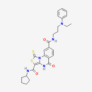 molecular formula C28H31N5O3S2 B6521910 N3-cyclopentyl-N8-{3-[ethyl(phenyl)amino]propyl}-5-oxo-1-sulfanylidene-1H,4H,5H-[1,3]thiazolo[3,4-a]quinazoline-3,8-dicarboxamide CAS No. 688791-07-3