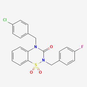 molecular formula C21H16ClFN2O3S B6521999 4-[(4-chlorophenyl)methyl]-2-[(4-fluorophenyl)methyl]-3,4-dihydro-2H-1lambda6,2,4-benzothiadiazine-1,1,3-trione CAS No. 950451-95-3