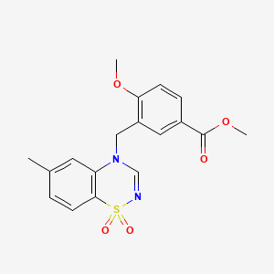 molecular formula C18H18N2O5S B6522169 methyl 4-methoxy-3-[(6-methyl-1,1-dioxo-4H-1lambda6,2,4-benzothiadiazin-4-yl)methyl]benzoate CAS No. 951541-06-3