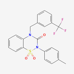 molecular formula C22H17F3N2O3S B6522250 2-(4-methylphenyl)-4-{[3-(trifluoromethyl)phenyl]methyl}-3,4-dihydro-2H-1lambda6,2,4-benzothiadiazine-1,1,3-trione CAS No. 933211-66-6