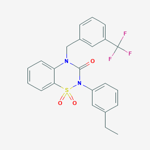 molecular formula C23H19F3N2O3S B6522318 2-(3-ethylphenyl)-4-{[3-(trifluoromethyl)phenyl]methyl}-3,4-dihydro-2H-1lambda6,2,4-benzothiadiazine-1,1,3-trione CAS No. 933026-31-4
