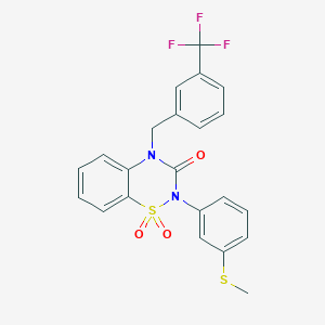 molecular formula C22H17F3N2O3S2 B6522358 2-[3-(methylsulfanyl)phenyl]-4-{[3-(trifluoromethyl)phenyl]methyl}-3,4-dihydro-2H-1lambda6,2,4-benzothiadiazine-1,1,3-trione CAS No. 951486-41-2