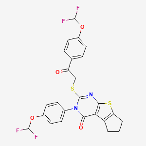 molecular formula C25H18F4N2O4S2 B6522671 11-[4-(difluoromethoxy)phenyl]-10-({2-[4-(difluoromethoxy)phenyl]-2-oxoethyl}sulfanyl)-7-thia-9,11-diazatricyclo[6.4.0.0^{2,6}]dodeca-1(8),2(6),9-trien-12-one CAS No. 380342-99-4