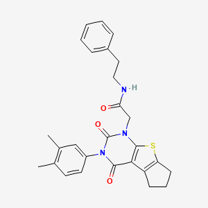 molecular formula C27H27N3O3S B6522883 2-[11-(3,4-dimethylphenyl)-10,12-dioxo-7-thia-9,11-diazatricyclo[6.4.0.0^{2,6}]dodeca-1(8),2(6)-dien-9-yl]-N-(2-phenylethyl)acetamide CAS No. 687582-23-6