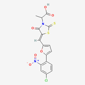 molecular formula C17H11ClN2O6S2 B6523180 2-[(5Z)-5-{[5-(4-chloro-2-nitrophenyl)furan-2-yl]methylidene}-4-oxo-2-sulfanylidene-1,3-thiazolidin-3-yl]propanoic acid CAS No. 883473-27-6