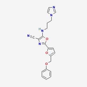molecular formula C21H19N5O3 B6523491 5-{[3-(1H-imidazol-1-yl)propyl]amino}-2-[5-(phenoxymethyl)furan-2-yl]-1,3-oxazole-4-carbonitrile CAS No. 931704-14-2