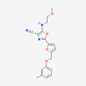 molecular formula C19H19N3O4 B6523543 5-[(2-methoxyethyl)amino]-2-{5-[(3-methylphenoxy)methyl]furan-2-yl}-1,3-oxazole-4-carbonitrile CAS No. 931704-71-1